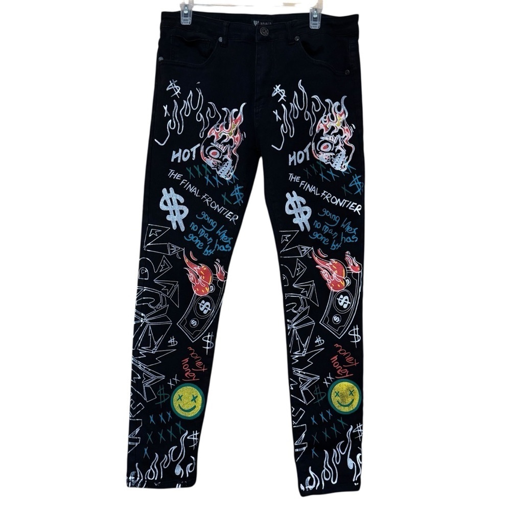 Waimea Men’s Black StretchSkinny Fit Graffiti Jeans 34x30 Pants - Picture 2 of 11